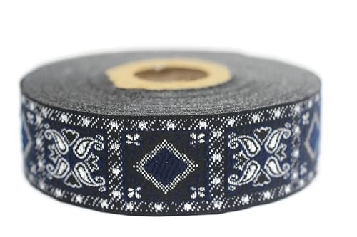 Jacquard-Band, gewebt, dunkelblau und silberfarben, geometrisches Metallic, 10 m x 25 mm – Rolle, besticktes Band, für Nähen, Dekoration 25587-V4 von Fantastic Kurdele