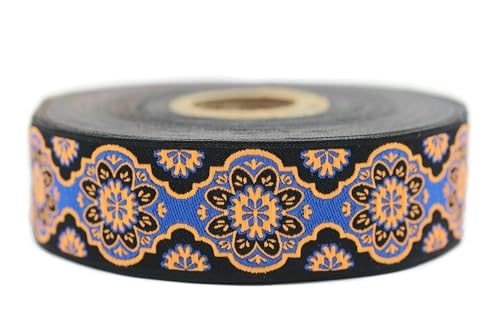 Jacquard-Band, gewebt, leuchtendes Orange und Königsblau, Sonnenblume, 10 m x 25 mm – Rolle, besticktes Band, für Nähen, Dekoration 25707-V6 von Fantastic Kurdele