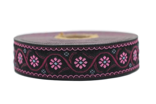 Jacquard-Band, gewebt, leuchtendes Rosa und dunkles Fuchsia, Boheme-Blumen, 10 m x 22 mm – Rolle, besticktes Band, für Nähen, Dekoration 22938-V3 von Fantastic Kurdele