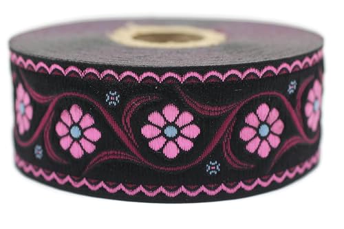 Jacquard-Band, gewebt, leuchtendes Rosa und dunkles Fuchsia, Boheme-Blumen, 10 m x 35 mm – Rolle, besticktes Band, für Nähen, Dekoration 35938-V3 von Fantastic Kurdele