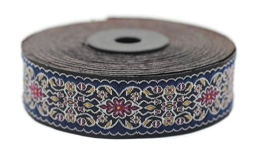 Jacquard-Band, gewebt, marineblau und weiß, kaiserlicher Garten, 10 m x 25 mm – Rolle, besticktes Band, zum Nähen, Dekoration 25939-V2 von Fantastic Kurdele