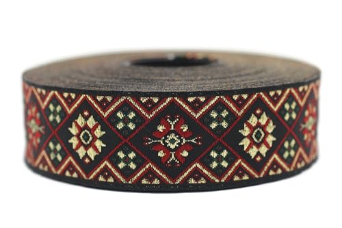 Jacquard-Band, gewebt, rot und goldfarben, metallisch, orientalischer Glanz, 10 m x 25 mm – Rolle, besticktes Band, für Nähen, Dekoration 25975-V5 von Fantastic Kurdele