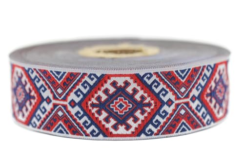 Jacquard-Band, gewebt, rot und marineblau, Stern, 10 m x 25 mm – Rolle, besticktes Band, für Nähen, Dekoration 25708-V1 von Fantastic Kurdele