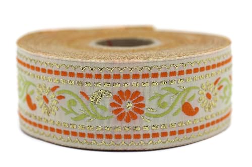 The Yards Vintage Ribbon 35095 Jacquard-Bänder, Jacquard-Band, Nähband, 3,5 cm breit, weiß-orange, 10 m Spule, 3,5 cm breit, Weiß / Orange von Fantastic Kurdele