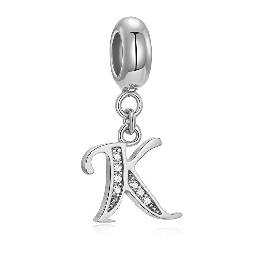 Buchstaben-Perlen aus echtem 925er-Sterlingsilber, Alphabet-Kristall, passend für europäische Armbänder und Halsketten Buchstabe K von Fantasticharm fits Pandora Bracelet