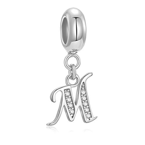 Echte 925 Sterling-Silber mit Perlen von A-Z Dangle Alphabet-Anhänger passt für europäische Armband Halskette Letter M von Fantasticharm fits Pandora Bracelet