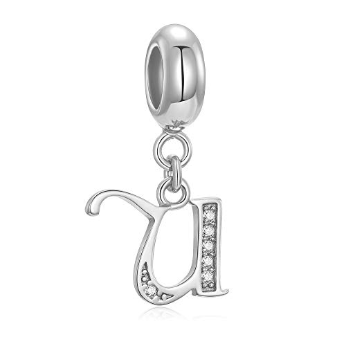 Buchstaben-Perlen aus echtem 925er-Sterlingsilber, Alphabet-Kristall, passend für europäische Armbänder und Halsketten Buchstabe U von Fantasticharm fits Pandora Bracelet