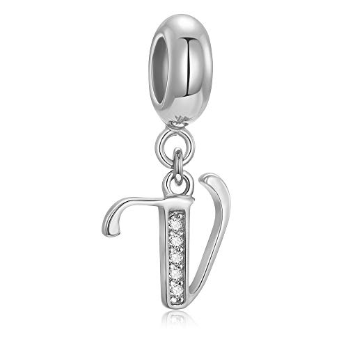 Echte 925 Sterling-Silber mit Perlen von A-Z Dangle Alphabet-Anhänger passt für europäische Armband Halskette Letter V von Fantasticharm fits Pandora Bracelet