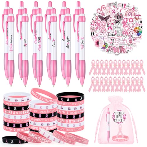 Fantasyon 151-teiliges Brustkrebs-Bewusstseins-Zubehör-Set, enthält 24 rosa Kugelschreiber, 24 Silikon-Armbänder, 24 Bandnadeln, 24 Organza-Beutel mit 50 Aufklebern von Fantasyon