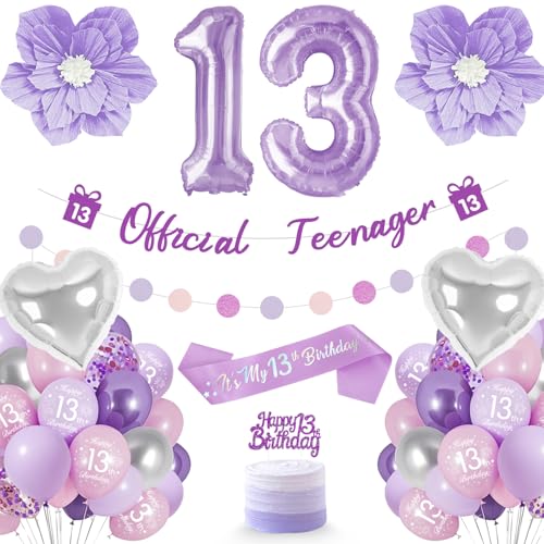 Deko 13. Geburtstag Mädchen Teenager, Lila 13 Geburtstag Mädchen Umfassen Folienballon 13, Kuchen Topper, Bänder, Sash, Violette Blumen, Luftballon 13. Geburtstagdeko Mädchen von Fantspati