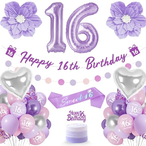 Deko 16 Geburtstag Mädchen, Lila Sweet 16 Deko Mädchen Umfassen Folienballon 16, Kuchen Topper, Bänder, Sash, Violette Blumen, Luftballon 16. Geburtstagdeko Mädchen von Fantspati