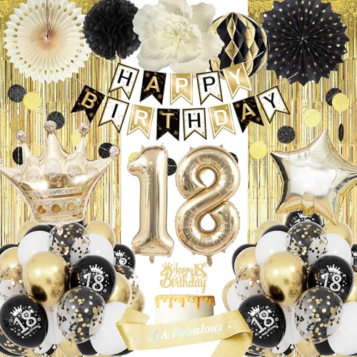 18 Geburtstag Deko, Happy Birthday Girlande, Ballon Schwarz Gold Deko, 18 Geburtstag Frau Männer Frauen, 18 Schwarz Gold mit Luftballons 18, Birthday Party Decorations von Fantspati