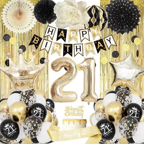 21 Geburtstag Deko Mann Frau, Luftballon 21. Schwarz Gold, Geburtstagsdeko Mann 21 Jahre, Happy Birthday Girlande, Folienballon Zahl 21, 21 Party Deko Geburtstag von Fantspati