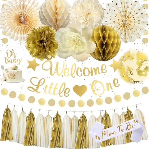 Babyparty Deko, Baby Shower Deko Junge Mädchen Sandweiß Gold Party Dekoration 'Oh Baby' Banner, Kuchenaufsatz, Quasten, Papier-Pompons für Party-Dekorationen zur Enthüllung des Geschlechts von Fantspati