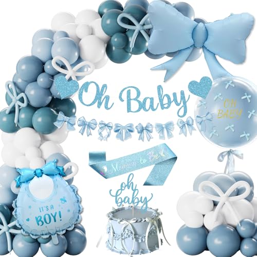 Babyparty Deko Junge, Baby Shower Deko Blau Baby Party Ballons Oh Baby Girlande, Baby Deko Junge Blau Weiß Luftballons, Schleifen Ballon, Mommy to Be Schärpe Tortendeko Gender Reveal Party Deko von Fantspati