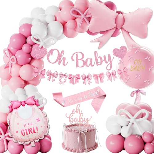 Babyparty Deko Mädchen, Baby Shower Deko Rosa Baby Party Ballons Oh Baby Girlande, Baby Deko Mädchen Rosa Weiß Luftballons, Schleifen Ballon, Mommy to Be Schärpe Tortendeko Gender Reveal Party Deko von Fantspati