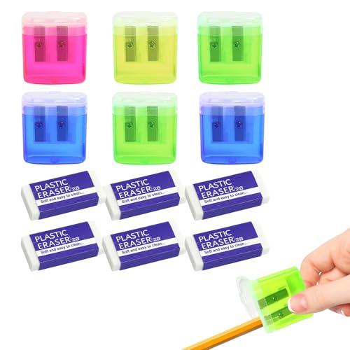 Manueller Bleistiftspitzer Set mit Deckel, 6 Bunte Doppellochspitzer und 6 Weiße PVC-Radiergummis, für Schule, Zuhause und Büro, Kinder und Studenten, Zubehörpaket, Mehrfarbig, bleistift spitzer von Fanxaolnes