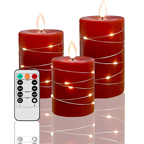 Fanzir Rote LED Kerzen Batteriekerzen mit Lichterketten, flackernde Kerzen mit Fernbedienung und Timer Batteriebetriebene LED-Kerzen für saisonale und festliche Feiern Set mit 3 Kerzen. von Fanzir