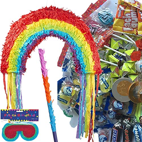 Pinata Set: * REGENBOGEN * + Maske + Schläger + 100-teiliger Süßigkeiten-Füllung No.1 von Carpeta© | Handgefertigte Rainbow Pinata | Tolles Spiel für Kindergeburtstag und Motto-Party von Farben-Party: