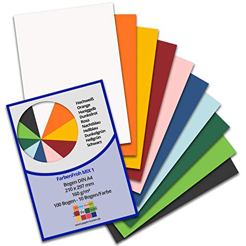 100 DIN A4 Papier-bögen Farbmix 1 - Planobogen - 10 Farben - 160 g/m² - 21 x 29,7 cm - Bastelbogen Ton-Papier Fotokarton Bastel-Papier Ton-Karton - FarbenFroh von FarbenFroh by GUSTAV NEUSER