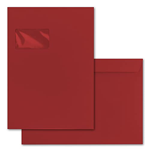 100x große XXL Briefumschläge DIN C4 in Dunkelrot (Rot) - 22,9 x 32,4 cm - Haftklebung mit Fenster - Versandtasche für DIN A4 geeignet von FarbenFroh by GUSTAV NEUSER