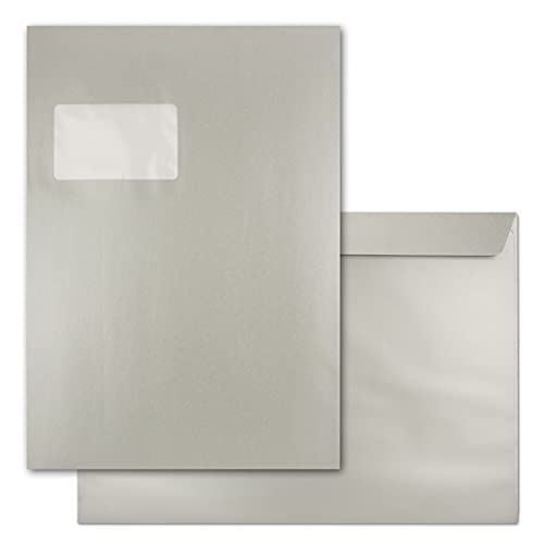 100x große XXL Briefumschläge DIN C4 in Silber Metallic - 22,9 x 32,4 cm - Haftklebung mit Fenster - Versandtasche für DIN A4 geeignet von FarbenFroh by GUSTAV NEUSER