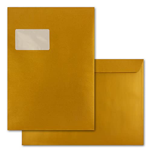 10x große XXL Briefumschläge DIN C4 in Gold Metallic - 22,9 x 32,4 cm - Haftklebung mit Fenster - Versandtasche für DIN A4 geeignet von FarbenFroh by GUSTAV NEUSER