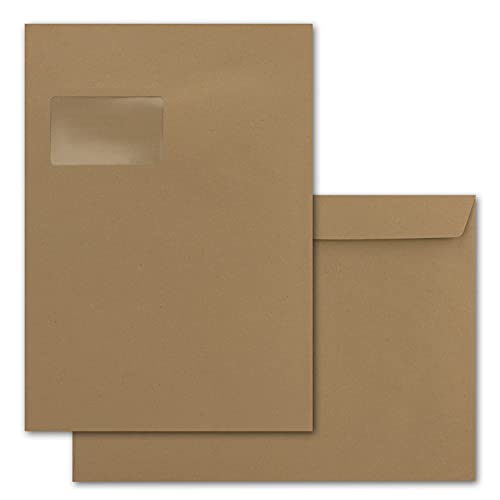 10x große XXL Briefumschläge DIN C4 in Kraftpapier Sandbraun - 22,9 x 32,4 cm - Haftklebung mit Fenster - Versandtasche für DIN A4 geeignet von FarbenFroh by GUSTAV NEUSER