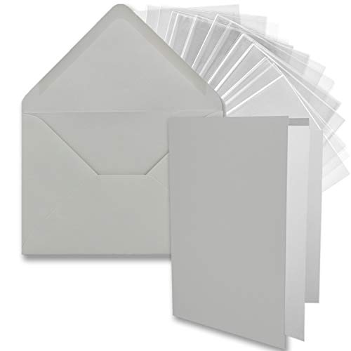 25x DIN B6 Faltkarten-Set - Hellgrau (Grau) - 11,5 x 17 cm - Doppelkarten mit Umschlägen, Einlegepapier und Cellophanbeutel zum Basteln von FarbenFroh by GUSTAV NEUSER