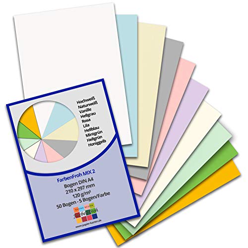 FarbenFroh by GUSTAV NEUSER 50x DIN A4 Papier Farbenmix-Paket 2 - Bastelbogen - 10 Farben - 110 g/m² - 21 x 29,7 cm - Briefpapier Bastelpapier Tonpapier Briefbogen von FarbenFroh by GUSTAV NEUSER