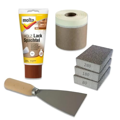 Molto Holz-Lack-Spachtel Set, 225g Spachtelmasse, Schleifschwamm 80/180/280 Körnung, Spachtel mit Holzgriff, Malerkrepp von FarbenFux