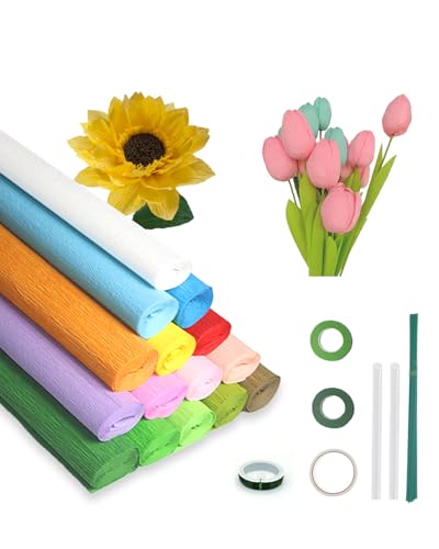 15 Rollen Schweres Krepppapier für DIY Blumen, 15 Farben (25cm x 250cm), Komplettes Bastelset Blumendraht, Stiele, Bänder, Zubehör von Farbeniok