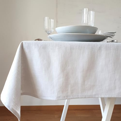 Farnberg Premium Tischdecke aus Leinen - Stofftischdecke für Küchentisch, Esstisch - Fleckschutz Tischtuch - Leinentischdecke - 135 x 350 cm - Uni Weiß von Farnberg
