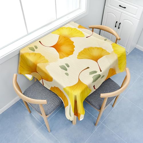 Fasbuy 3D Ginkgoblätter Tischdecke Abwaschbar, Quadratisch TischdeckenTischtuch aus Polyester Wasserabweisend mit Lotuseffekt, Draußen Tischwäsche Tischtuchklammern (Gelb,90x90cm) von Fasbuy