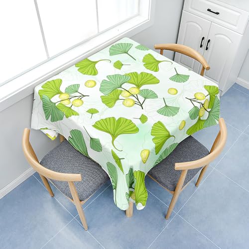 Fasbuy 3D Ginkgoblätter Tischdecke Abwaschbar, Quadratisch TischdeckenTischtuch aus Polyester Wasserabweisend mit Lotuseffekt, Draußen Tischwäsche Tischtuchklammern (Grün,150x150cm) von Fasbuy