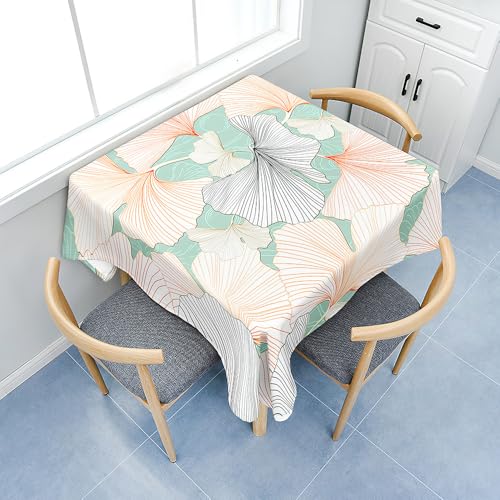 Fasbuy 3D Ginkgoblätter Tischdecke Abwaschbar, Quadratisch TischdeckenTischtuch aus Polyester Wasserabweisend mit Lotuseffekt, Draußen Tischwäsche Tischtuchklammern (Hellgrün,140x140cm) von Fasbuy