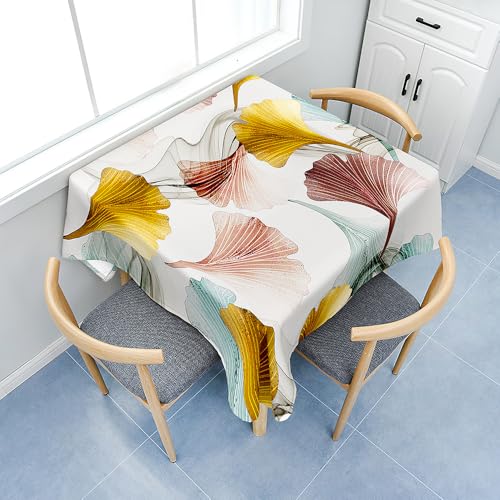 Fasbuy 3D Ginkgoblätter Tischdecke Abwaschbar, Quadratisch TischdeckenTischtuch aus Polyester Wasserabweisend mit Lotuseffekt, Draußen Tischwäsche Tischtuchklammern (Weiß,85x85cm) von Fasbuy
