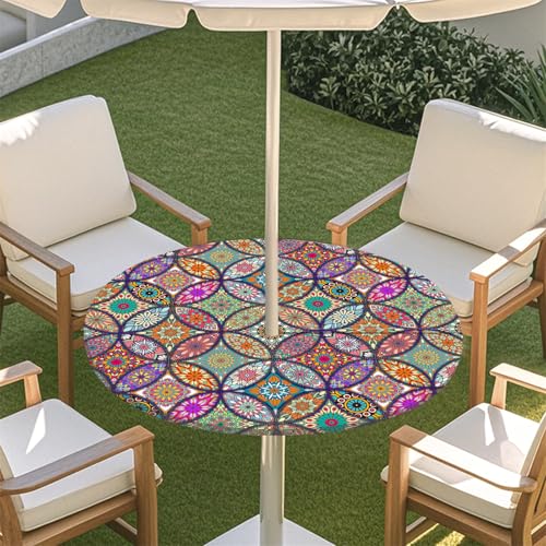 Fasbuy Böhmische Drucke Rund Tischdecke mit Loch Zipper, Abwaschbar Lotuseffekt Tischdecken, Outdoor Tischdecke, Elastisch Rund Gartentischdecke für Garten, Parteien (Lila,S:79-89cm) von Fasbuy