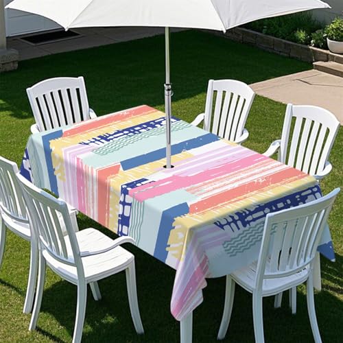 Fasbuy Bunte Streifen Tischdecke Outdoor, Rechteckige Tischdecke Abwaschbar, Tischdecken mit Schirmloch und Reißverschluss, Gartentischdecke für Terrasse, Garten, Party (Bunt 2,305x152cm) von Fasbuy