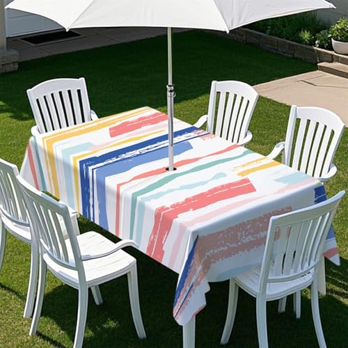 Fasbuy Bunte Streifen Tischdecke Outdoor, Rechteckige Tischdecke Abwaschbar, Tischdecken mit Schirmloch und Reißverschluss, Gartentischdecke für Terrasse, Garten, Party (Mehrfarbig,305x152cm) von Fasbuy