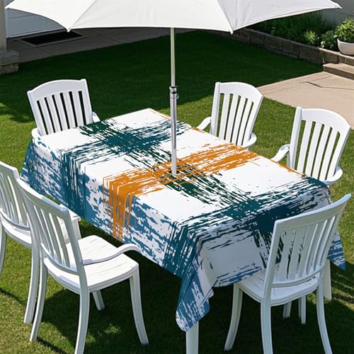 Fasbuy Bunte Streifen Tischdecke Outdoor, Rechteckige Tischdecke Abwaschbar, Tischdecken mit Schirmloch und Reißverschluss, Gartentischdecke für Terrasse, Garten, Party (Orangeblau,305x152cm) von Fasbuy