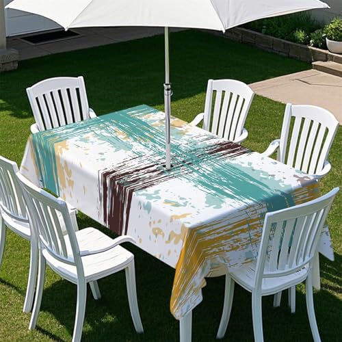 Fasbuy Bunte Streifen Tischdecke Outdoor, Rechteckige Tischdecke Abwaschbar, Tischdecken mit Schirmloch und Reißverschluss, Gartentischdecke für Terrasse, Garten, Party (Weiß,305x152cm) von Fasbuy
