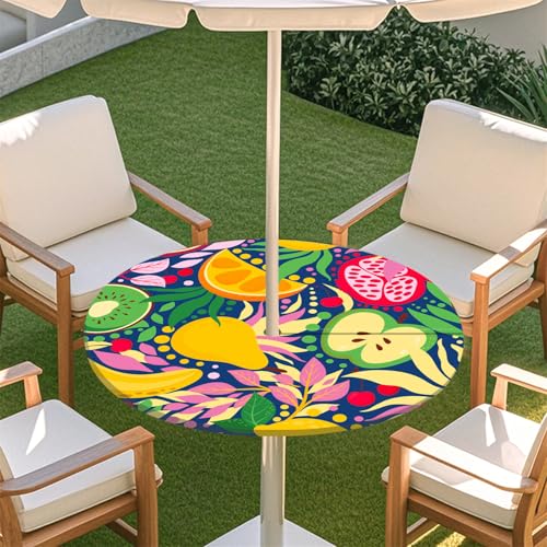 Fasbuy Obstdruck Rund Tischdecke mit Loch Zipper, Abwaschbar Lotuseffekt Tischdecken, Outdoor Tischdecke, Elastisch Rund Gartentischdecke, Table Cloth für Garten, Parteien (Apfel,M:91-112cm) von Fasbuy