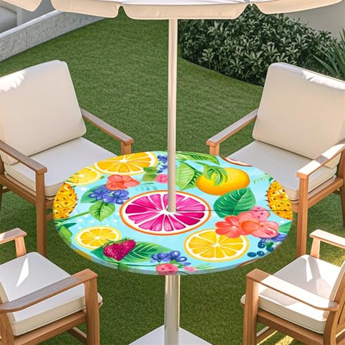 Fasbuy Obstdruck Rund Tischdecke mit Loch Zipper, Abwaschbar Lotuseffekt Tischdecken, Outdoor Tischdecke, Elastisch Rund Gartentischdecke, Table Cloth für Garten, Parteien (Grapefruit,L:114-137cm) von Fasbuy