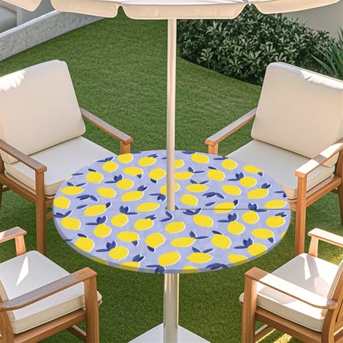 Fasbuy Obstdruck Rund Tischdecke mit Loch Zipper, Abwaschbar Lotuseffekt Tischdecken, Outdoor Tischdecke, Elastisch Rund Gartentischdecke, Table Cloth für Garten, Parteien (Zitrone,S:79-89cm) von Fasbuy