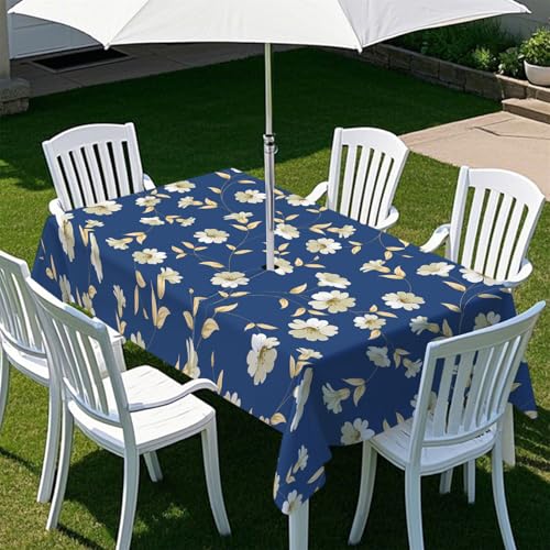 Fasbuy Pflanzen Blumen Tischdecke Outdoor, Rechteckige Tischdecke Abwaschbar, Tischdecken mit Schirmloch und Reißverschluss, Gartentischdecke für Terrasse, Garten, Party (Dunkelblau,305x152cm) von Fasbuy
