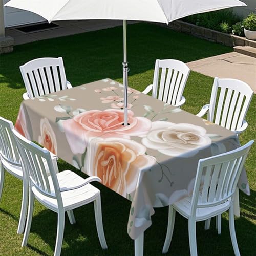 Fasbuy Pflanzen Blumen Tischdecke Outdoor, Rechteckige Tischdecke Abwaschbar, Tischdecken mit Schirmloch und Reißverschluss, Gartentischdecke für Terrasse, Garten, Party (Rose,305x152cm) von Fasbuy