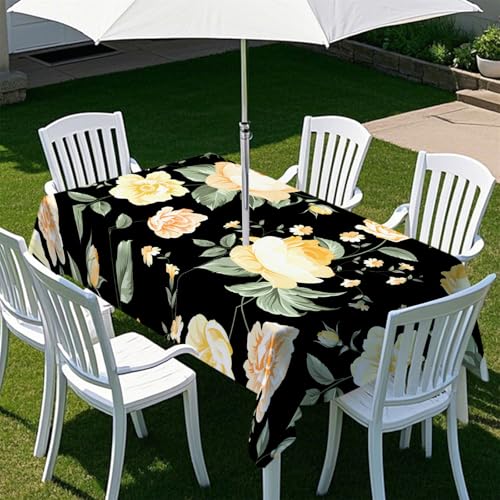 Fasbuy Pflanzen Blumen Tischdecke Outdoor, Rechteckige Tischdecke Abwaschbar, Tischdecken mit Schirmloch und Reißverschluss, Gartentischdecke für Terrasse, Garten, Party (Schwarz,305x152cm) von Fasbuy