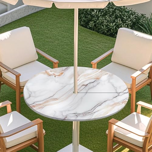 Fasbuy Rund Tischdecke mit Loch Zipper, Abwaschbar Lotuseffekt Tischdecken, Grauer Marmor Drucken Tischdecke Outdoor wetterfest, Elastisch Rund Gartentischdecke, Table Cloth für Garten (Grauweiß,M) von Fasbuy