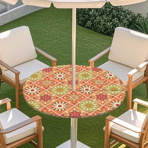 Fasbuy Rund Tischdecke mit Loch Zipper, Abwaschbar Lotuseffekt Tischdecken, Outdoor Tischdecke, Elastisch Rund Gartentischdecke, Table Cloth für Garten, Küche, Parteien (Orange Karomuster,L) von Fasbuy